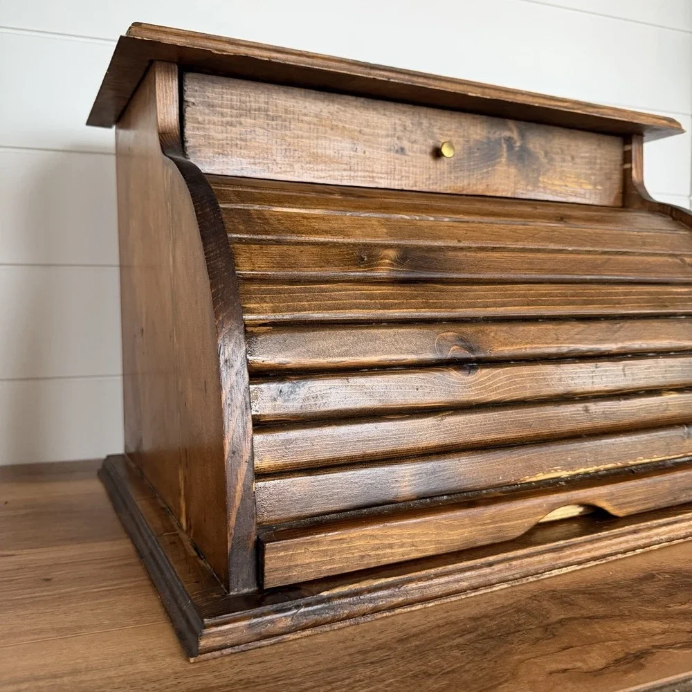 VTG XL Roll top Bread Box W/Drawer Cottagecore Rustic Farm Prairie Kitchen *Flaw